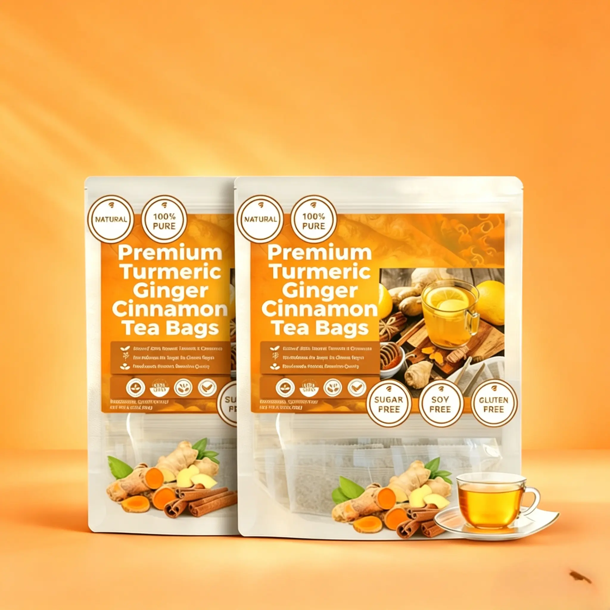 Organic Turmeric Ginger Cinnamon Tea Bags (60*2 Pack) – Natural Anti-Inflammatory Herbal Tea for Digestion, Immunity & Daily Wellness