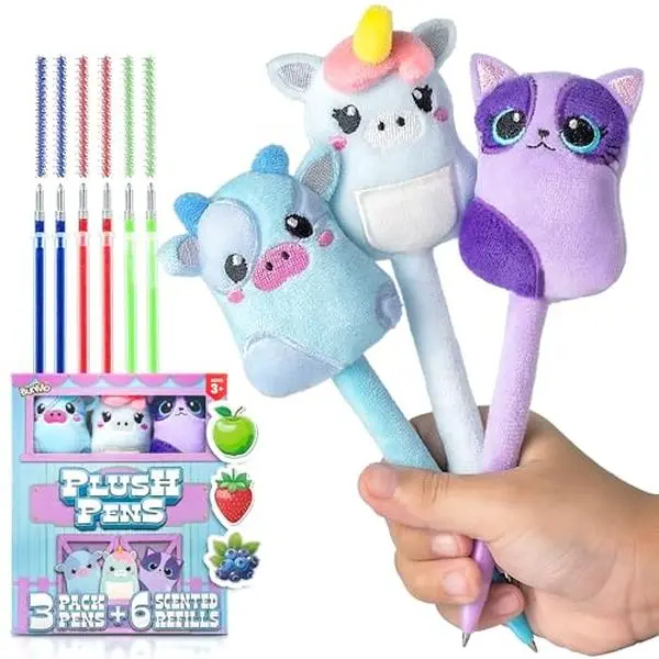 BUNMO Plush Cute Pens 3-Pack – Squishy Animal Pens w/Scented Glitter Ink Refills – Cat, Cow, Unicorn – Fun Writing, Doodling & Journaling for Kids & Teens