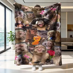 Monkey Patch Blanket Cartoon Funny Flannel Throw, Cozy Throw Blanket, Sofa Bed Camping Blanket, Fun Gift for All Ages, Multiple Sizes Available, Cozy Warm Blanket