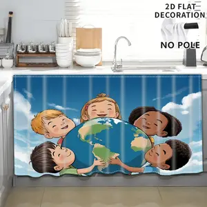 2D Flat Print 1pc,Children Embracing the Earth,Kitchen Utensil Print Curtain-Translucent Rod Pocket Design, Machine Washable Contemporary Art Decor for Kitchen,Living Room,Light Filtering Privacy,Light Filtering Drapes
