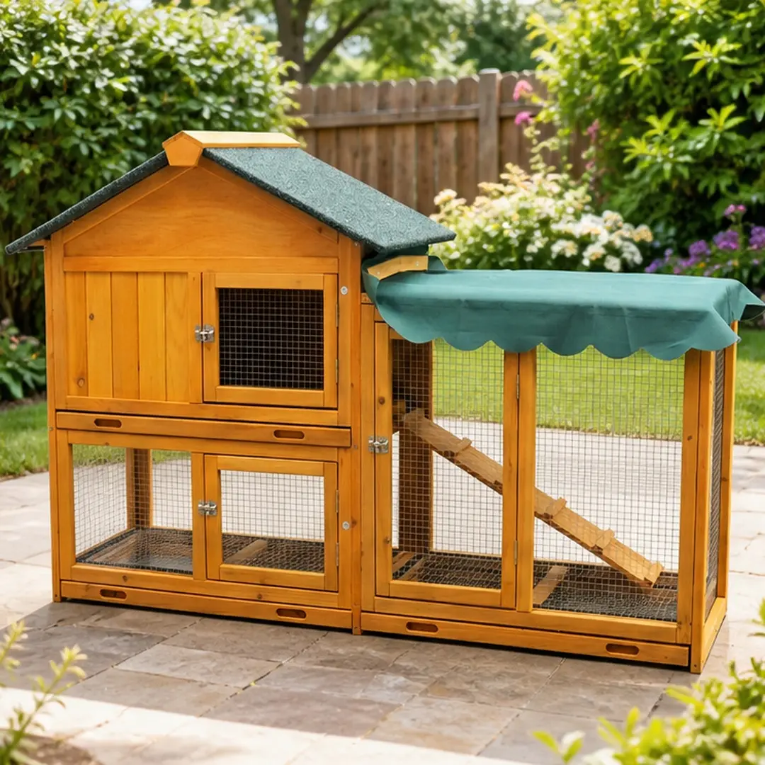 Large Wooden Rabbit Hutch with Run, 2-Tier Bunny Cage Outdoor Indoor with Pull-Out Tray & Waterproof Roof, Solid Wood Guinea Pig House Pet Hutch for Rabbits, Chickens, Hamsters, Small Animals, Dark Yellow, Dark yellow Color Options