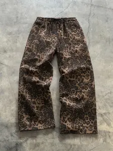 Unisex Street Style Full Print Leopard Pattern Long Pants, Casual Streetwear Trousers, Loose Fit, Adjustable Drawstring Waist, Comfortable Casual Design,Suitable for streetwear, Y2K style, hip-hop, campus, commuting, parties, and other occasions