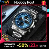 SKMEI Luxe Men's Casual Trendy Wristwatch - 2-Tone Stainless Steel Analog-Digital, 3 Time Zones, Illuminated Screen, Backlight, Alarm, Waterproof Chronograph Watch, Birthday Gift for Him,sohochic
