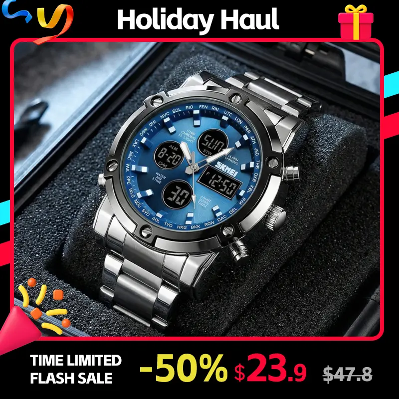 SKMEI Men's Sport Wristwatch, 2-Tone Stainless Steel Analog Digital Display with 3 Time Zones, Backlight, and Alarm, Birthday Gifts for Him, Mens Gifts, Unique Gifts For Man