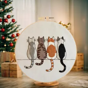 Holiday Theme Christmas Cat Embroidery Kit - Beginner-Friendly DIY Stitching Materials Set with English Guide for Handmade Sewing Craft
