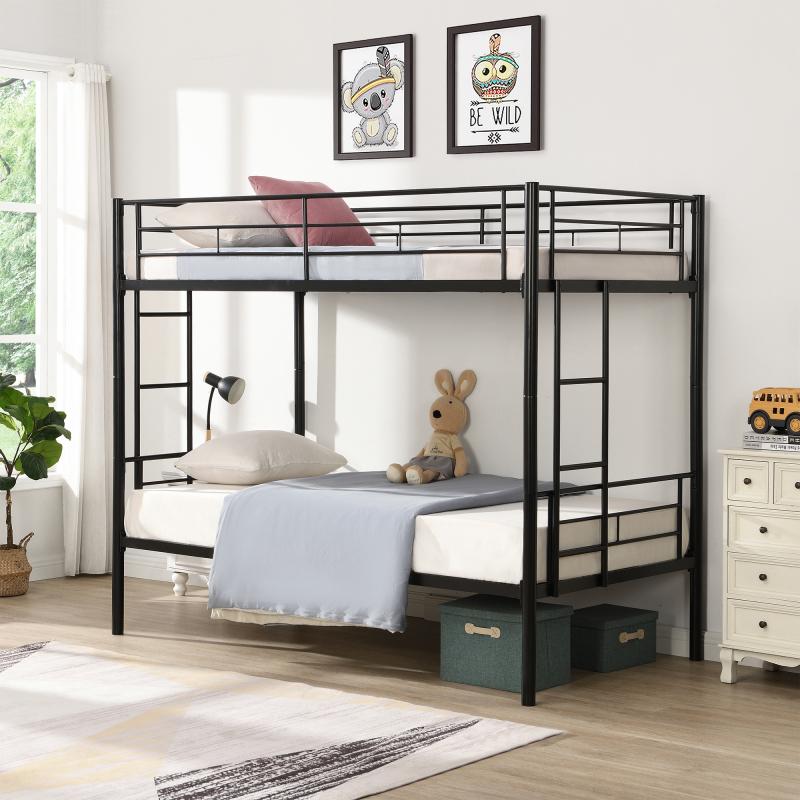 [Bellemave]Bunk Bed Twin Over Twin Size with 2 Ladders and Full-Length Guardrail, Metal, Storage Space, No Box Spring Needed, Noise Free, Black