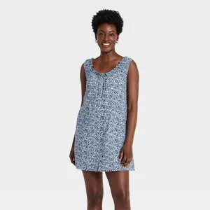 Women's Mini Swing Shift Dress - Universal Thread Navy Blue Floral L