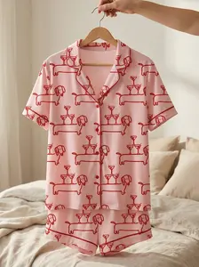 Women’s Dachshund Pajama Set, Martini And Weenies Print Sleepwear, Short Or Long Sleeve Satin PJs, Cute Dog Loungewear, Funny Pajama Gift for Her