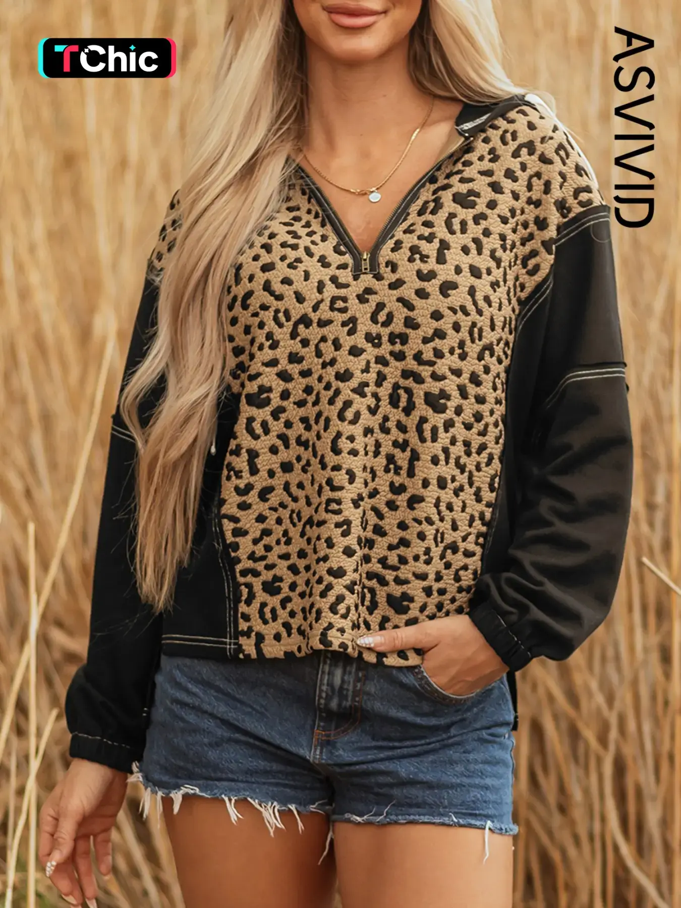 Women's Casual Leopard Print Patchwork Contrast Stitching Knotted Cuff Collared Quarter Zip Hoodie, Long Sleeve Design, All Seasons Fashion