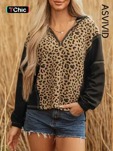Women's Casual Leopard Print Patchwork Contrast Stitching Knotted Cuff Quarter Zip Hoodie, Long Sleeve Design, All Seasons Fashion