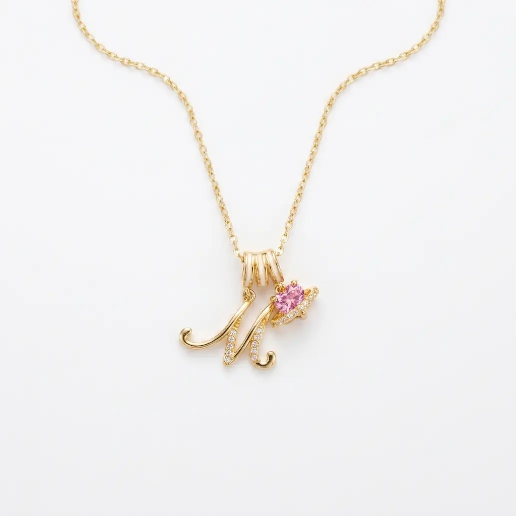 #JY Letter Necklace 18K Gold Plated Cursive Initial, Pink Gemstone Script Letter Pendant, Dainty Waterproof Personalized Name Letter Jewelry Gift For Women