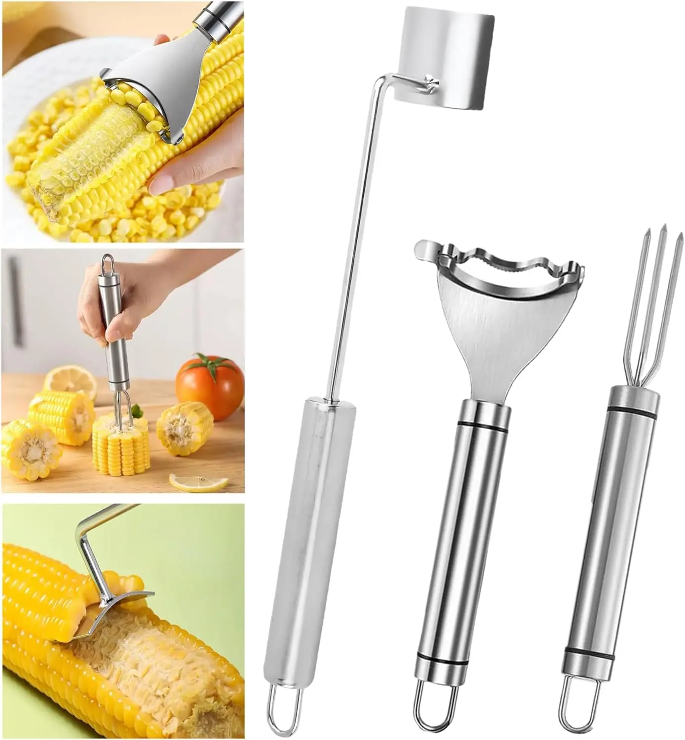 Corn Peeler 3 Pcs Stainless Steel Corn Peeler and Stripper Tool Set Upgraded Corn Stripper for Corn on the Cob,Peel Corn Cob Separator Quick,Gift for Women Home Dining Enthusiasts Gadget (3 Pcs)