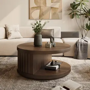 Round Wood Coffee Table with Open Storage Shelf for Living Room, 32-Inch Farmhouse 2-Tier Circle Center Tea Tables with Stylish Fluted Design for Apartment, Small Space, Dark Brown Walnut