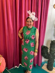 QOS Green & White Checkered Pink Azalea Knit Midi Dress