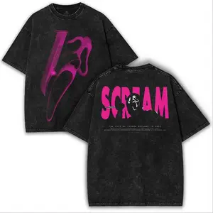 Scream Oversized Vintage Washed Tee – Pink Neon Horror Graphic Ghostface Double Printed Shirt | Retro Slasher Streetwear Collector