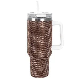 Cupcupmore 40 oz Copper Bling Rhinestone Stainless Steel Sippy Tumbler Glitter Vacuum Insulated Thermal Water Bottle with Straw & Lid &Handle,Sparkle Car Cup Holder,Keeps Cold 12 Hours Drinks,Coffee