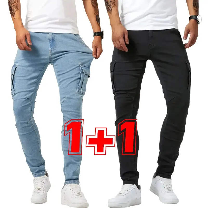 2 Pack Men's Skinny Cargo Pants - Slim Fit Stretch Jeans, Multi-Color Combo, Casual Streetwear