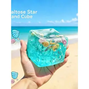 1pc Ocean Themed Sensory Squeeze Cube, Decorated With Cartoon Seashells, Scrolls, Fish Schools And Ice Cream Elements, Effectively Relieves Anxiety. Suitable For Outdoor Spaces And Office Environments, Providing Stress Relief Experience Any