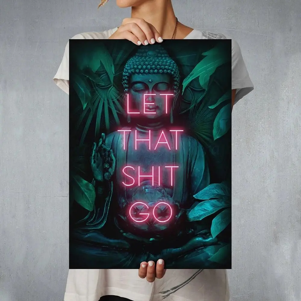 Let That Go Poster, Neon Wall Art, Spiritual Buddha Print, Yoga Zen Decor, Inspirational Wall Art for Living Room
