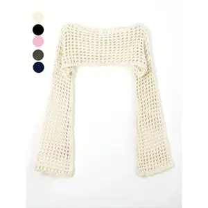 Women's Y2K Plain Hollow Out Flounce Sleeve Super Crop Cover Up, Casual Long Sleeve Neck Knit Top for Daily Wear, Ladies Clothes for Fall