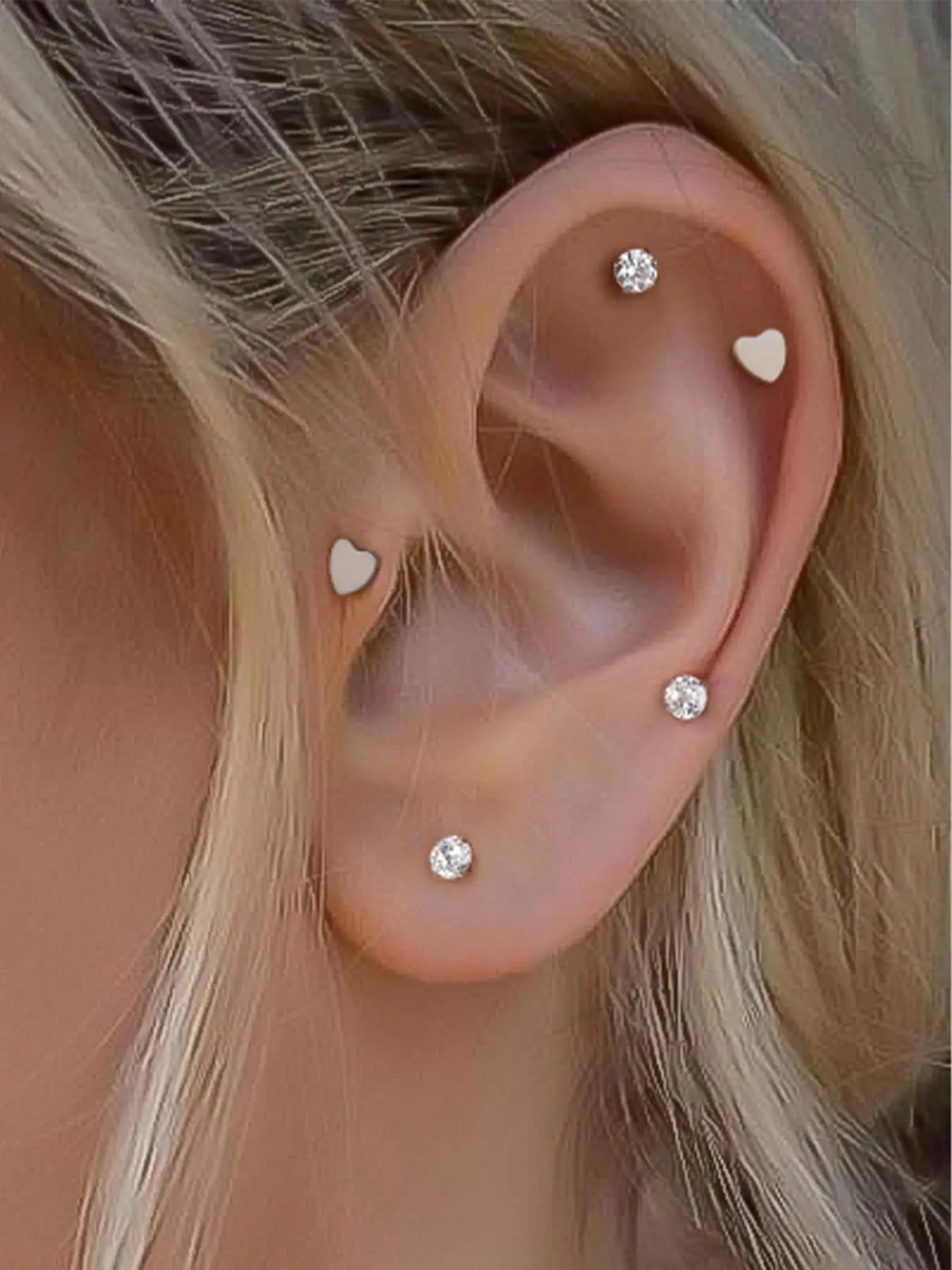 Heart Shaped Cubic Zirconia Decor Earrings, Stainless Steel Cartilage Earring Studs, Fashionable Piercing Jewelry for Women & Girls