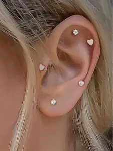 Heart Shaped Cubic Zirconia Decor Earrings, Stainless Steel Cartilage Earring Studs, Fashionable Piercing Jewelry for Women & Girls