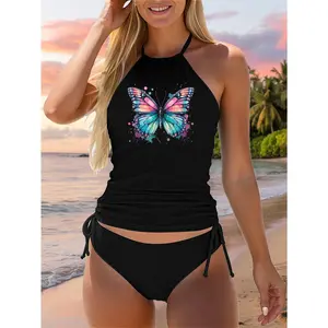 Unisex-Child Butterfly Two Piece Swimsuit Black Small Modern Round Neck Straight Alpha Medium US 16.5 Short Sleeve Two Piece Swimsuit All Butterfly Novelty-Two Piece Swimsuits