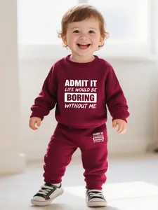 Baby Boys Letter Print Round Neck Long Sleeve Pants Set, Comfortable Fall Winter, Cartoon Alphabet Pattern, Casual Fitted Style