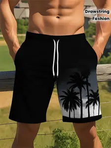 A must-have for summer beaches, pools, and vacation spots, men's fashionable Hawaiian shorts with a drawstring and stylish palm tree print