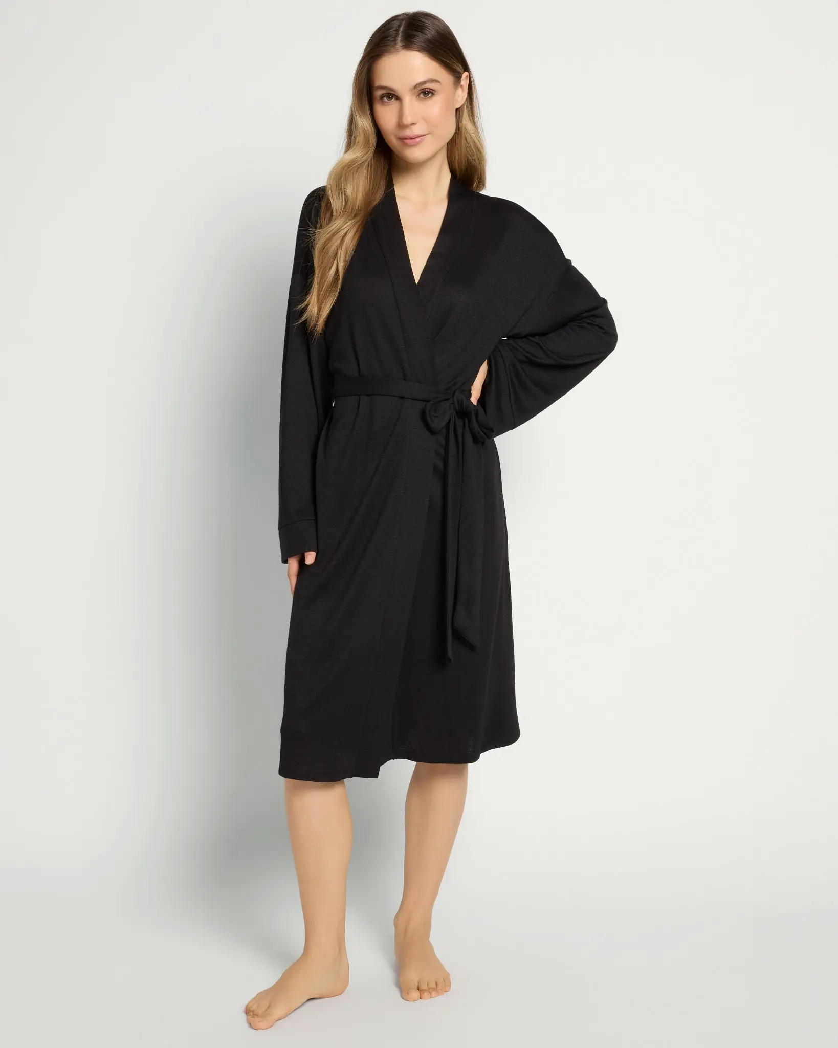 Women's Long-Sleeve Short Loungewear Robe - Lightweight Soft Knit Fabric, Relaxed Drape, Tie Waist, Nightwear