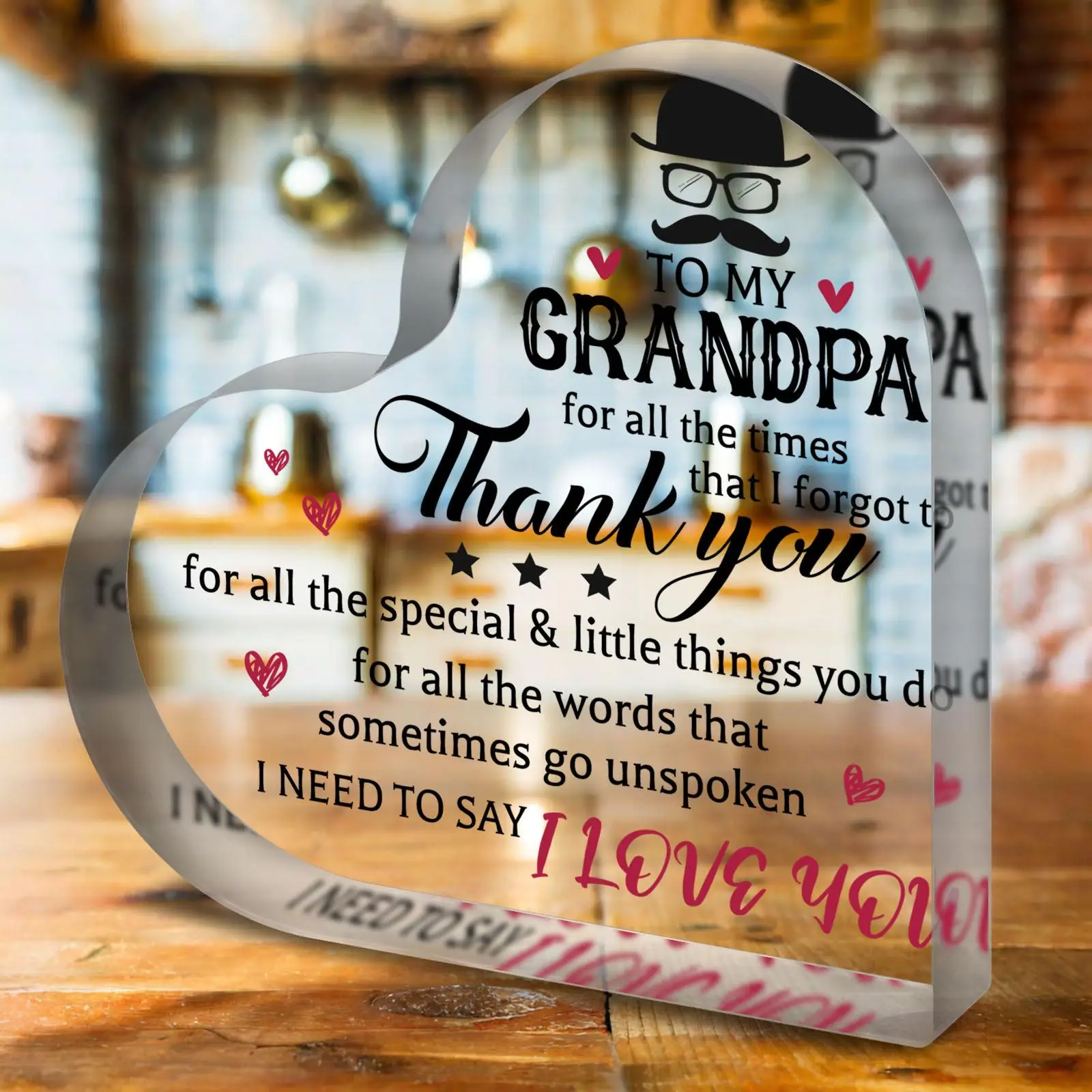 Heart Shaped Acrylic Figurine, 1/12pcs Clear Desktop Ornament, Creative Grandpa Gift, Home Decor for Living Room Bedroom Office, Birthday Gift