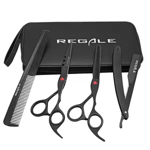 Regale King Pro 5-Piece Professional Barber Kit | Cutting Shear, Texturizing Shear, Straight Razor & Comb Set — Matte Black