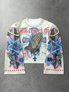 Men's Y2K Vintage Praying Hands Graphic Print Short Sleeve Cropped T-Shirt, Gothic Graffiti Bell Sleeves Flared Top, Retro Streetwear Fashion Aesthetic Casual Wear