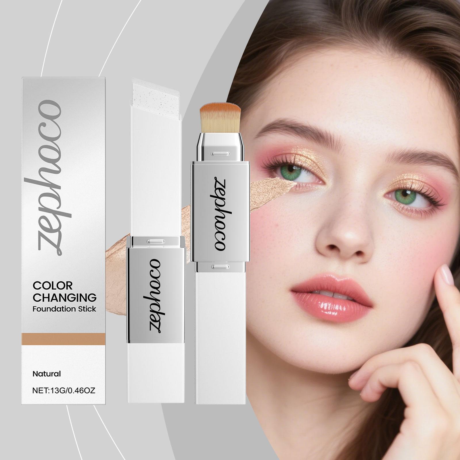 Zephoco 2-in-1 Color-Changing Foundation Stick Natural Shade Lightweight Hydrating Seamless Blending No Cakey Finish Sheer Breathable Coverage Concealer Makeup