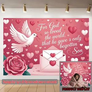 1PC,2D Flat Christian Valentine's Day Backdrop, God's Love Scripture Decorative Tapestry, Rose Dove Envelope Heart Scene Decoration, Photo Party Decor Background for Religious Festivals & Home Deco