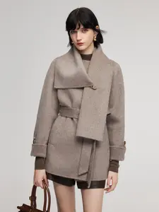 Alpaca Wool Blend Double-Faced Women Wrap Coat With Scarf