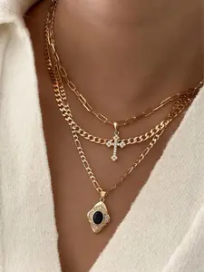 Vintage Elegant Layered Cross Pendant Necklace, Religious Necklace, Artificial Gemstone Design, Women's Clavicle Chain Set Jewelry Gift, Multilayer Necklace