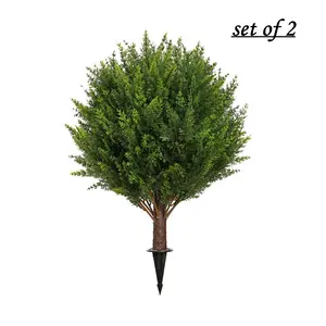 Artificial Cypress Topiary Outdoor Plants with Spike 21" Decoration Faux Cedar Bushes UV Resistant Fake Shrubs Trees for Front Porch Garden Ornament Set of 2 Items Fruit Decorative Gift Leaf