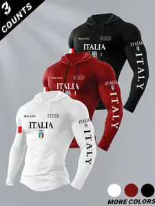 Men's 3-Pack Letter Flag Print Hooded Long Sleeve T-Shirts, Casual Fitted Top, Fall & Winter Wear, Versatile Clothing Set