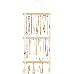 Hanging Jewelry Organizer Macrame Necklace Holder with 30 Hooks Wall Mounted Jewelry Hanger Over Door Necklace Rack with Tassel for Necklace Bracelet Earring Headband Bow Organizer