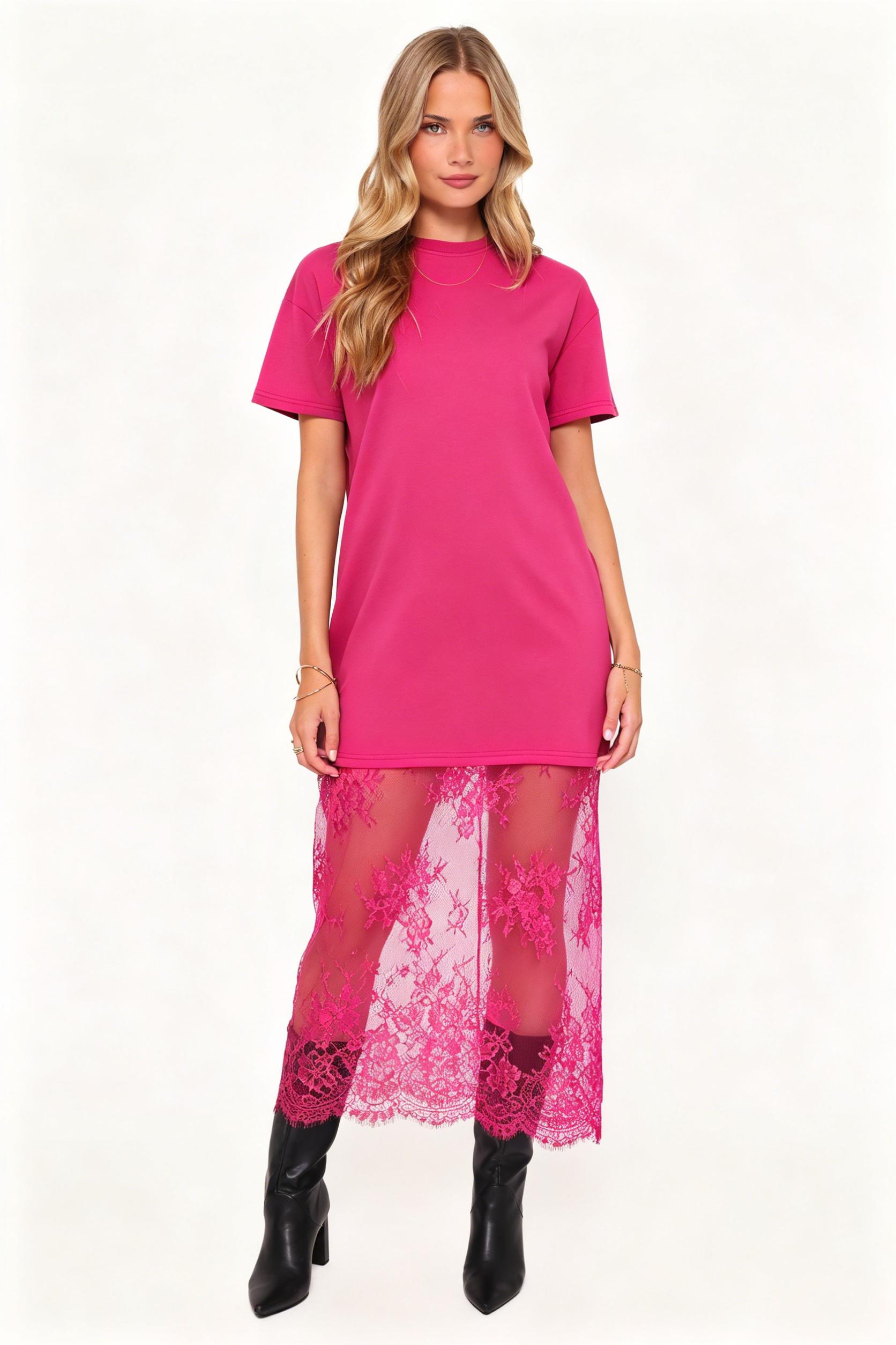 Mntaor Women's Oversized T-Shirt Maxi Dress with Sheer Lace Hem Drop Shoulder Short Sleeve Perfect for Street Style