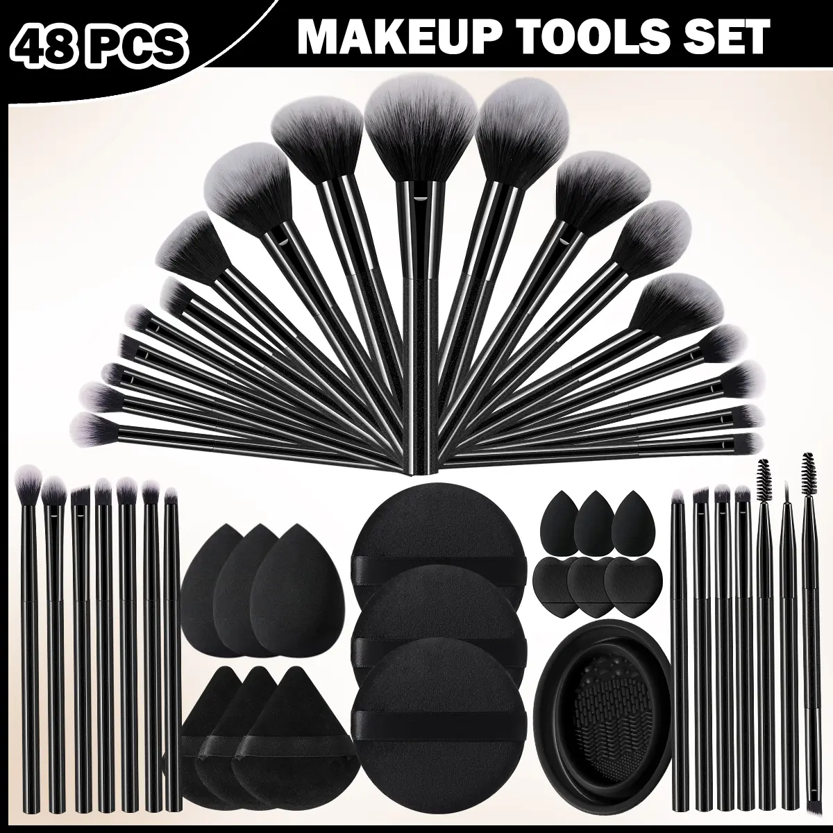 48 Pieces per Set Cosmetic Silicone Makeup Tool Complete Kit for Adults - 32pcs Brushes, Assorted Sponges (Large, Fan-Shaped, Mini, Thumb, Large Round), Cleansing Brush Cleaning Bowl with Easy Cleaning