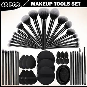 48pcs Face Makeup Tool Set, 32pcs Makeup Brushes & 3pcs Large Makeup Sponges & 3pcs Fan-Shaped Sponges & 3pcs Mini Makeup Sponges & 3pcs Thumb Sponges & 3pcs Large Round Sponges & Brush Cleaning Bowl