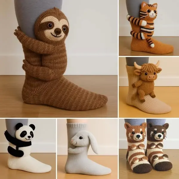 3D Hugging Animal Knit Socks Cute Cartoon Sloth Cat Highland Cow Panda Rabbit Raccoon Figure Embrace Leg Design Soft Cotton Mid Calf Socks Novelty Kawaii Women Daily Hosiery Gift