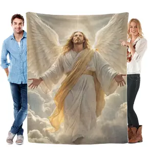 Jesus Angel Wings Religious Christian Throw Blanket, Soft Cozy Flannel Blanket for Sofa Bed Living Room, Gospel Christian Home Decor, Church Sunday School Gift, Warm Prayer Blanket for Family Christmas Birthday Gift