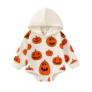 Newborn Baby Girl Boy Halloween Outfit Infant Pumpkin Print Hooded Long Sleeve Romper Jumpsuits Fall Winter Bodysuits
