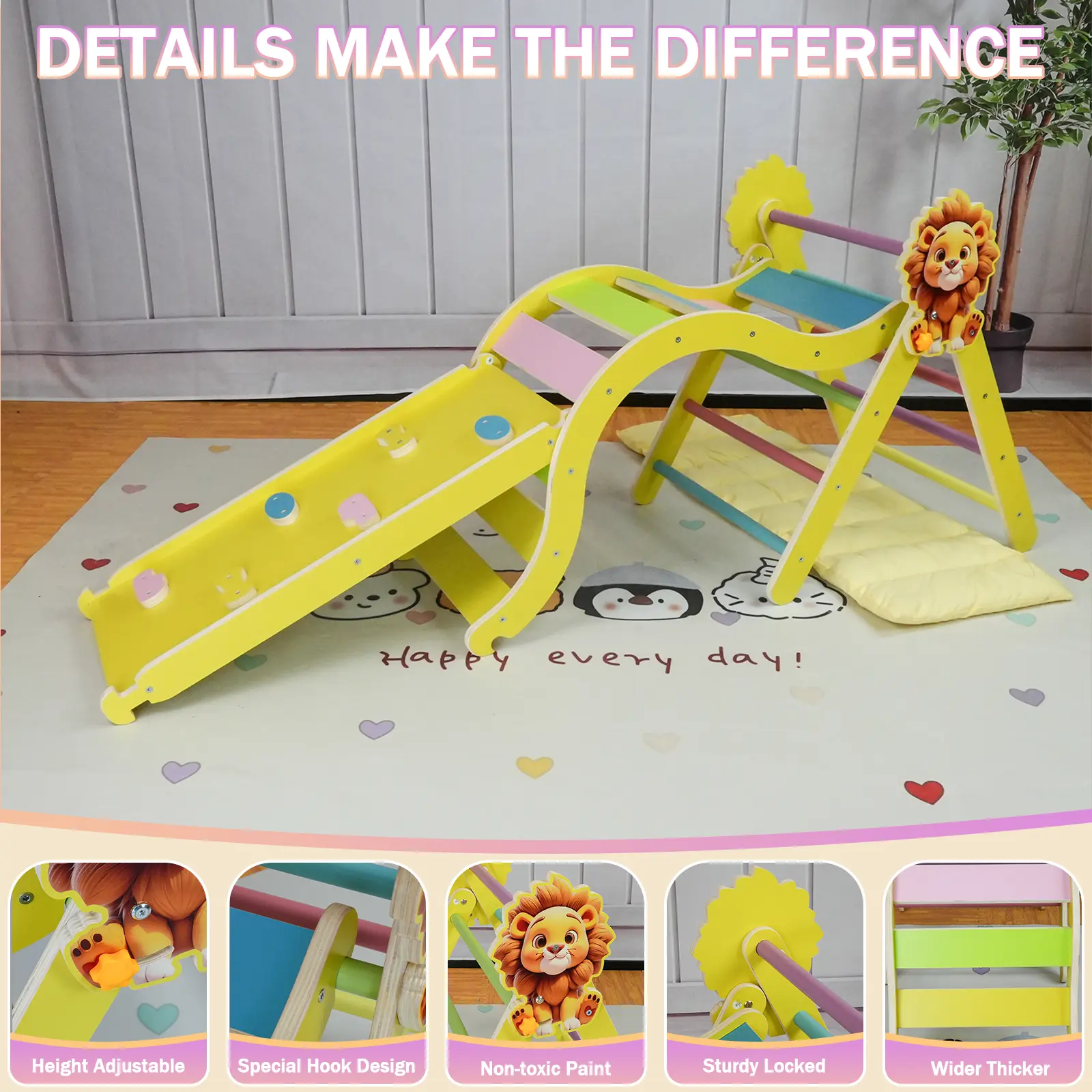 KidsBuddy Pikler Triangle Set Foldable Baby Climbing Toys Wooden Montessori Climbing Set with Arch&Ramp&Ladder Baby Climber Indoor Jungle Gyms for Toddlers Montessori Toys - Golden Lion