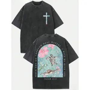 Men's Vintage Washed Pure Cotton T-Shirt - Oversized Streetwear Tee with Sea Turtle & Text Print ("I Will Be with You"), Loose Fit Casual Shirt, Machine Washable Soft Daily Wear