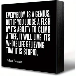 Christmas Halloween Decoration，Inspirational Wood Box Sign Albert Einstein Quote Wooden Block Signs Motivational Quote Sign for Office Desk Decor Positive Encouraging Plaque Home Shelf Tabletop Cubicle Decorations 5x5inch