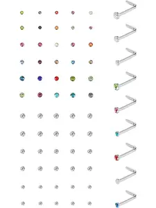 Tiny 60 Pcs Colorful Cute L Shape Piercing Studs Hypoallergenic Stainless Steel Nose Studs Set for Women Men Sparkling CZ Sparkling Zircon Inlay L Shaped Nose Piercing Jewelry Set Nose Ring Jewelry
